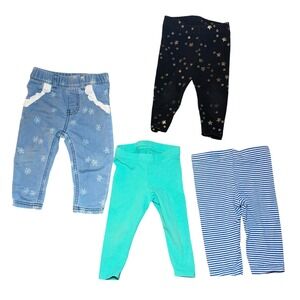 Baby Leggings Set Girls 12 Months Blue Black Teal Floral Stars Stripes